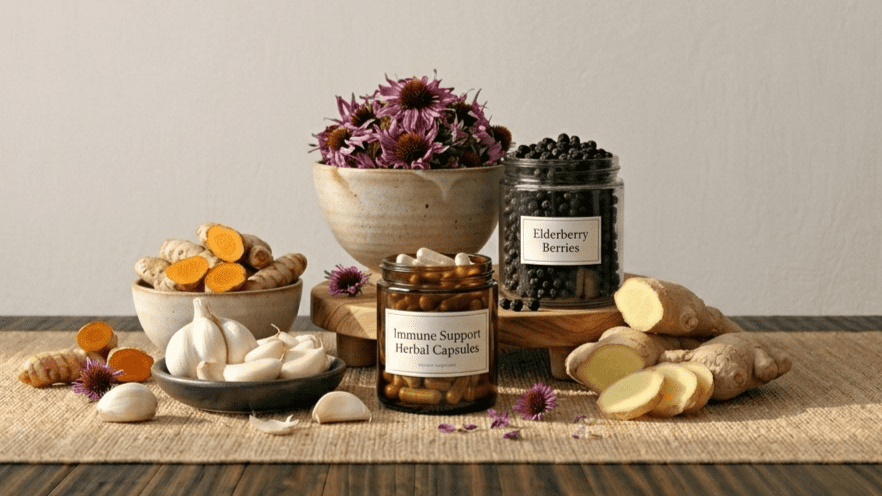 herbal supplements for immunity including echinacea elderberry turmeric and ginger