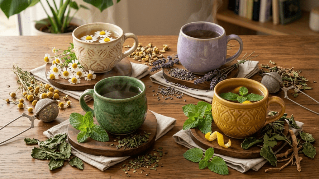 Herbal teas for stress relief including chamomile, lavender, peppermint, and lemon balm in warm cups