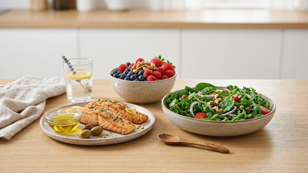 Variety of foods that reduce inflammation including berries leafy greens nuts and healthy fats