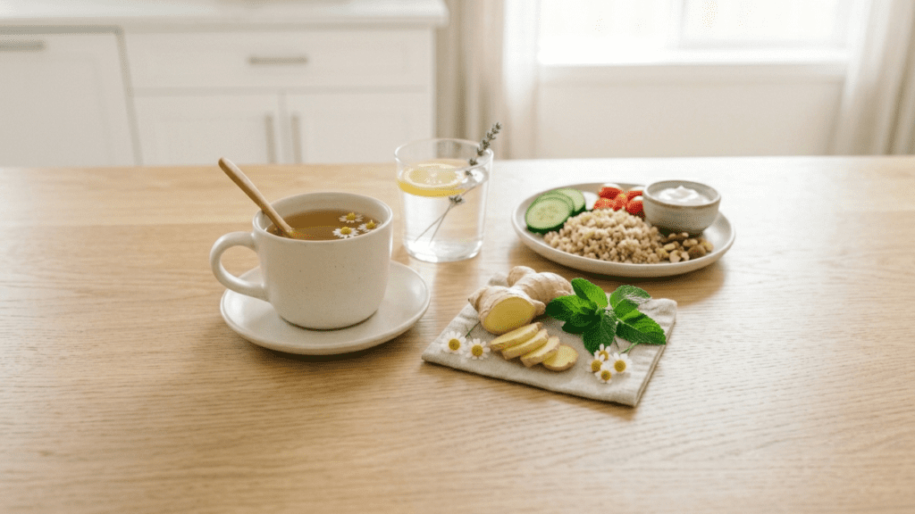 Natural remedies for bloating including herbal tea ginger and healthy foods on a clean surface