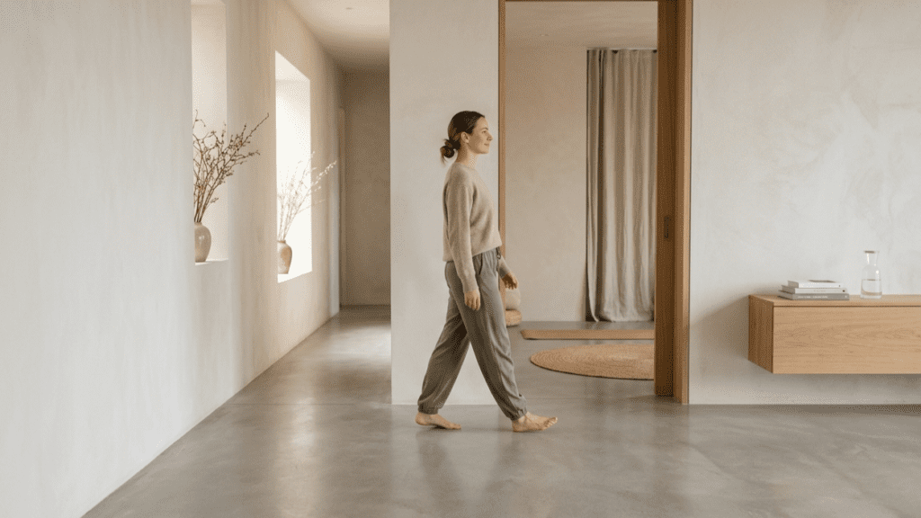 person walking indoors in a clean minimal space illustrating daily walking benefits