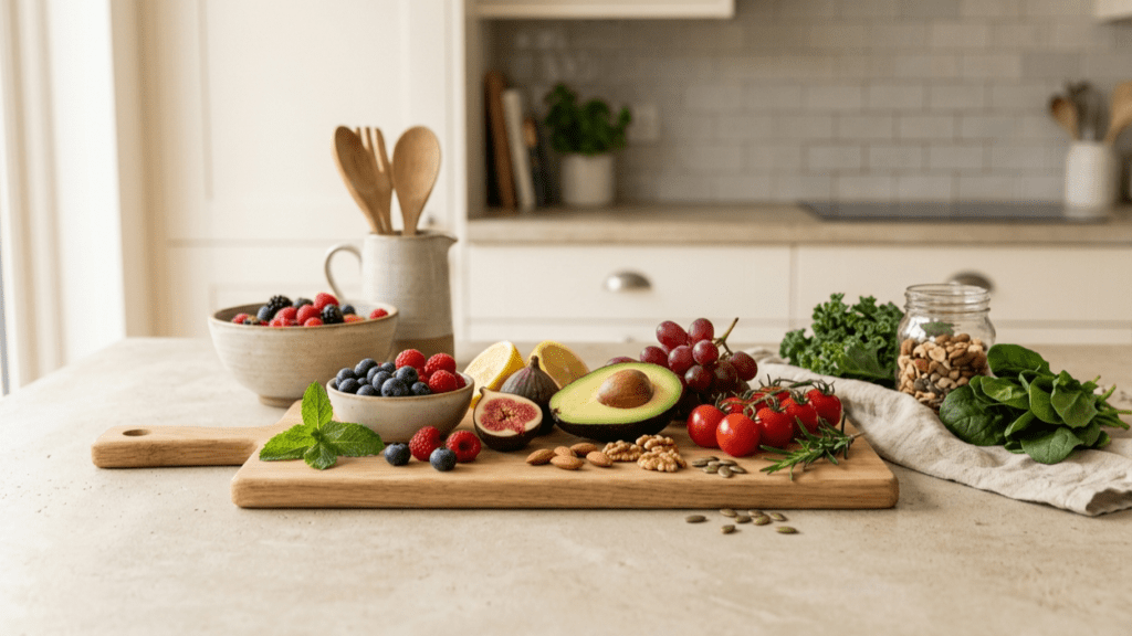 variety of fresh nutrient-rich foods on a clean indoor surface representing foods for healthy skin