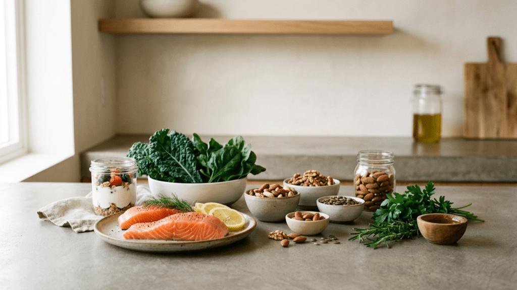 selection of nutrient-rich foods on a clean indoor surface representing foods for strong bones