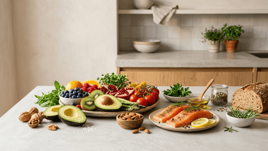 variety of heart-healthy foods on a clean indoor surface representing foods that improve circulation