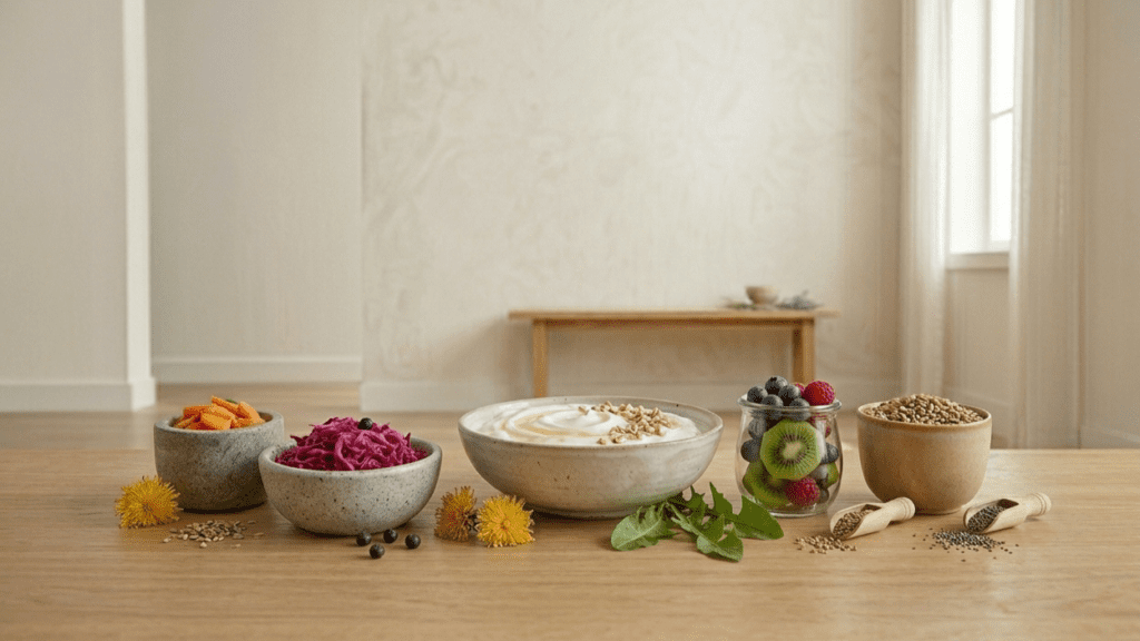 Variety of foods that improve gut health including yogurt vegetables and whole grains