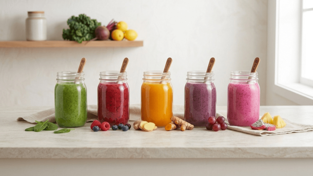 Colorful healthy smoothie recipes in glasses with fruits and vegetables