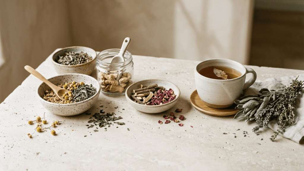 assortment of herbal teas and natural ingredients in a clean indoor setting representing herbal remedies for fatigue