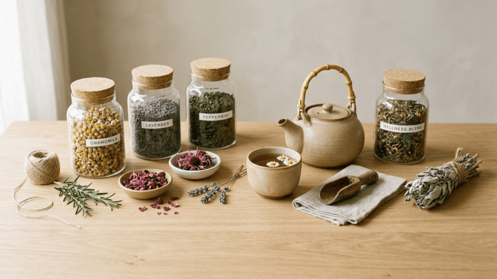 calming herbal teas and natural ingredients in a minimal indoor setting representing herbal remedies for stress