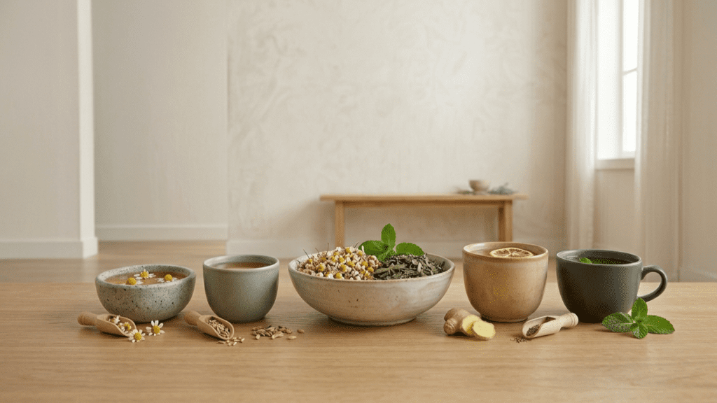 Variety of herbal teas for digestion including mint ginger and chamomile in cups