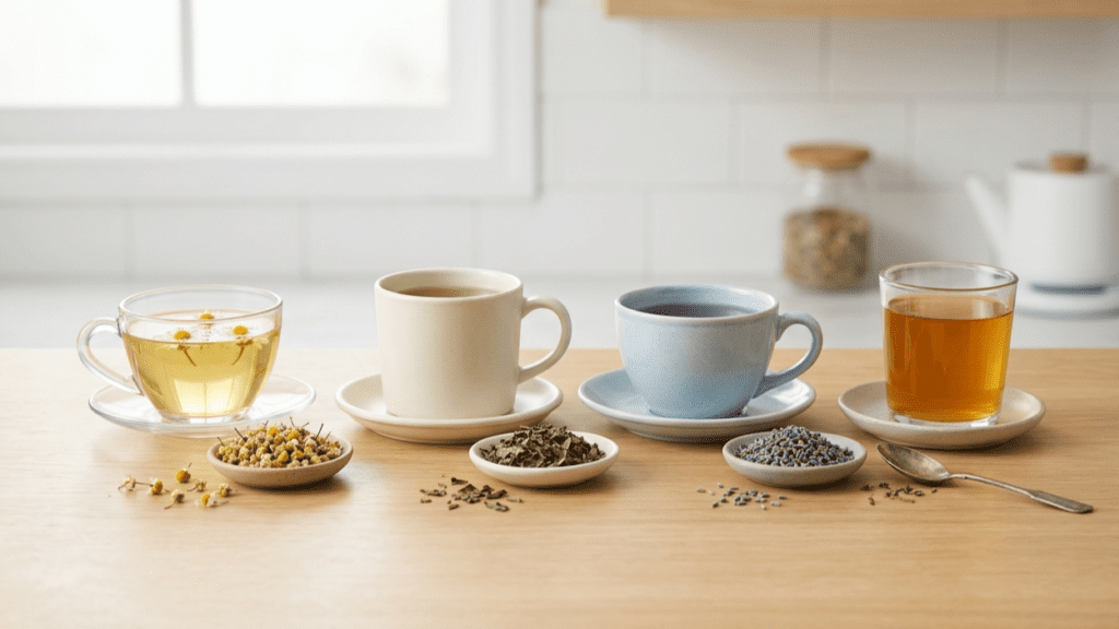 Assortment of herbal teas for relaxation in cups representing relaxing natural beverages