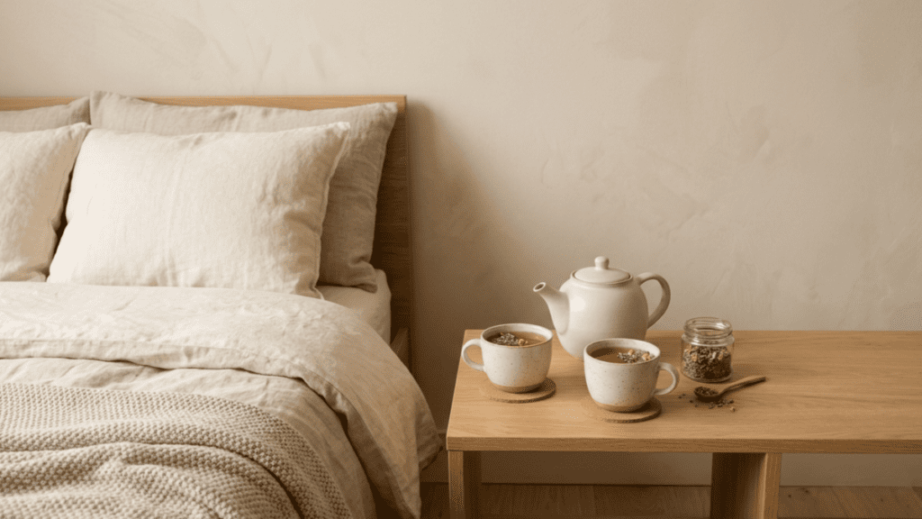 calming herbal teas on a clean indoor surface representing herbs for better sleep