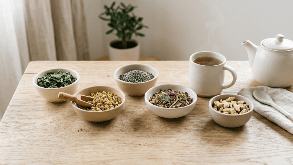 assortment of natural herbs in a clean indoor setting representing herbs for natural detox