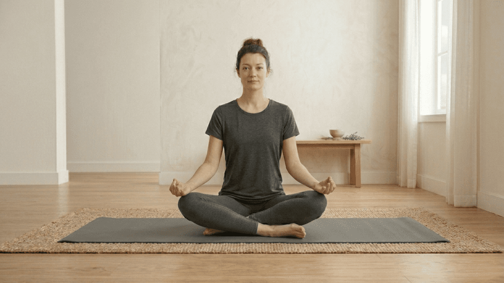 Beginner practicing simple home yoga for beginners poses in a calm indoor space