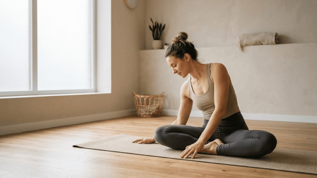 person performing gentle exercises indoors in a minimal space illustrating low impact home workouts