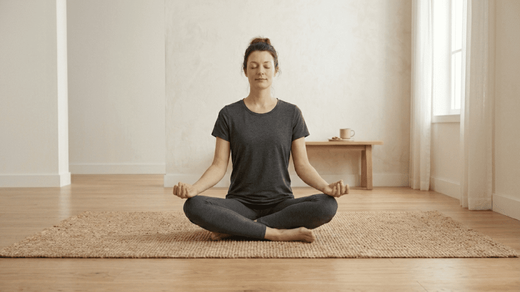 Person practicing mindful breathing exercises in a calm indoor setting