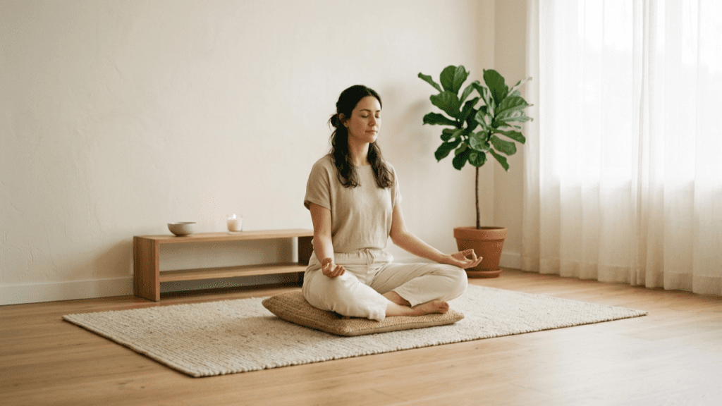 person sitting peacefully in a minimal indoor space practicing mindfulness habits for daily calm