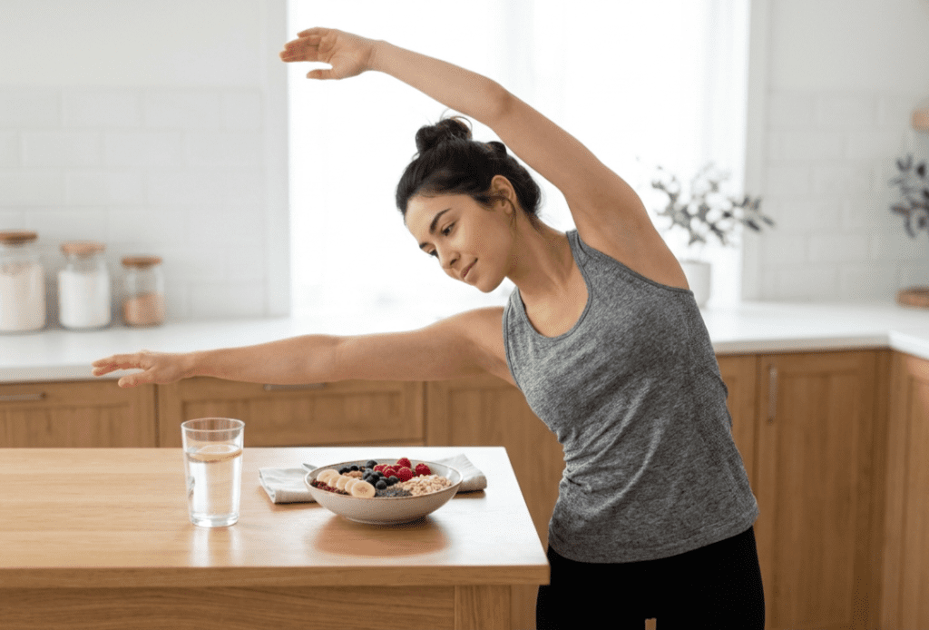 Healthy morning Habits for better digestion supporting digestive health with water, light stretching, and balanced breakfast