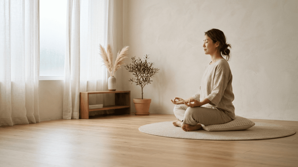 person practicing calm breathing indoors in a minimal space illustrating a morning mindfulness routine