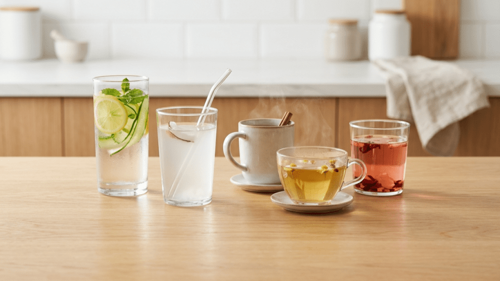 Assortment of natural drinks for hydration including infused water coconut water and herbal tea