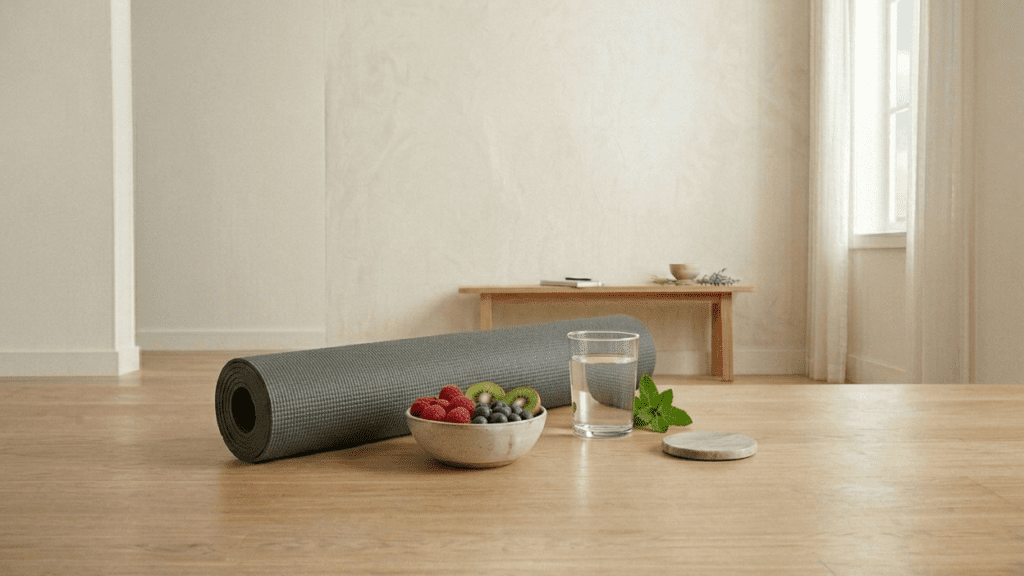 Healthy lifestyle natural energy boosters that boost energy including water fruits and light exercise setup