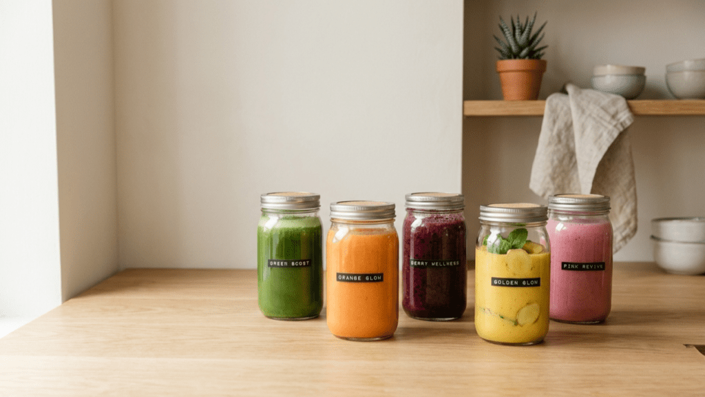 assortment of healthy drinks in a clean indoor setting representing natural immune boosting drinks