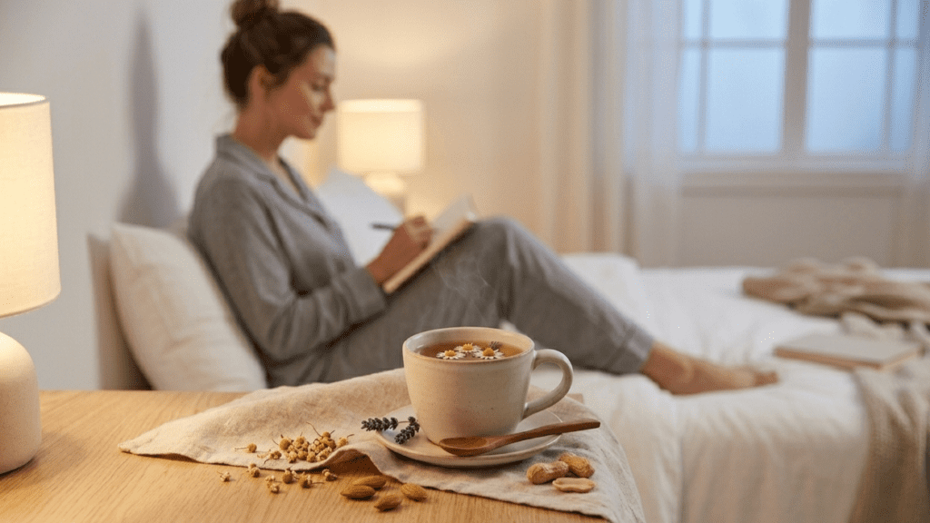 Calm evening routine with dim lighting herbal tea and Natural Ways to Improve Sleep