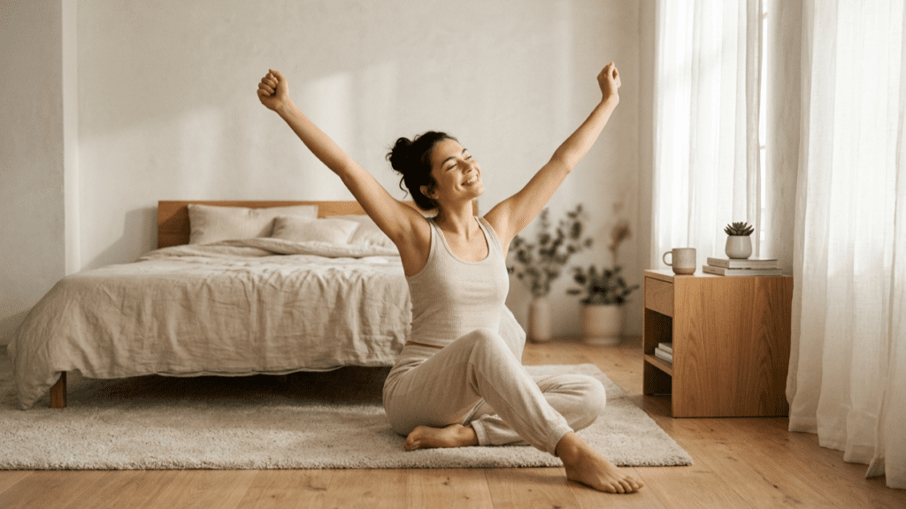 person stretching indoors in a clean minimal space representing natural ways to reduce fatigue