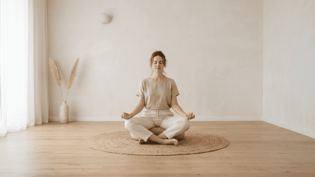 person practicing calm breathing in a minimal indoor space illustrating relaxation techniques for anxiety