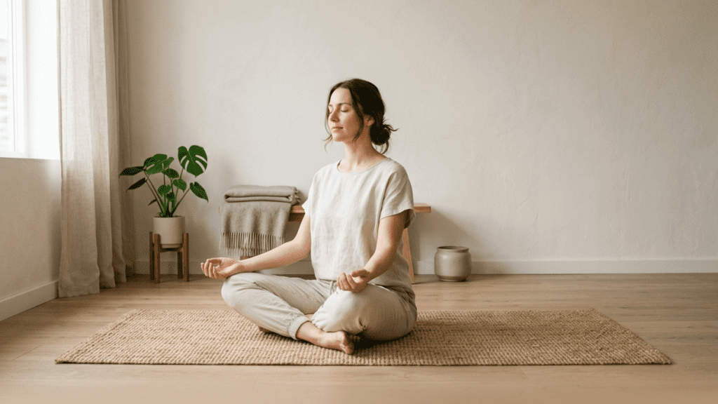 Person doing stress relief exercises at home in a calm indoor setting