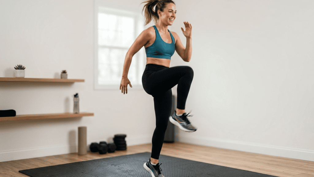 High knees cardio exercise included in home workouts for energy and endurance