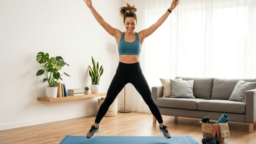Home workouts for energy including quick bodyweight exercises performed indoors in a minimal workout space
