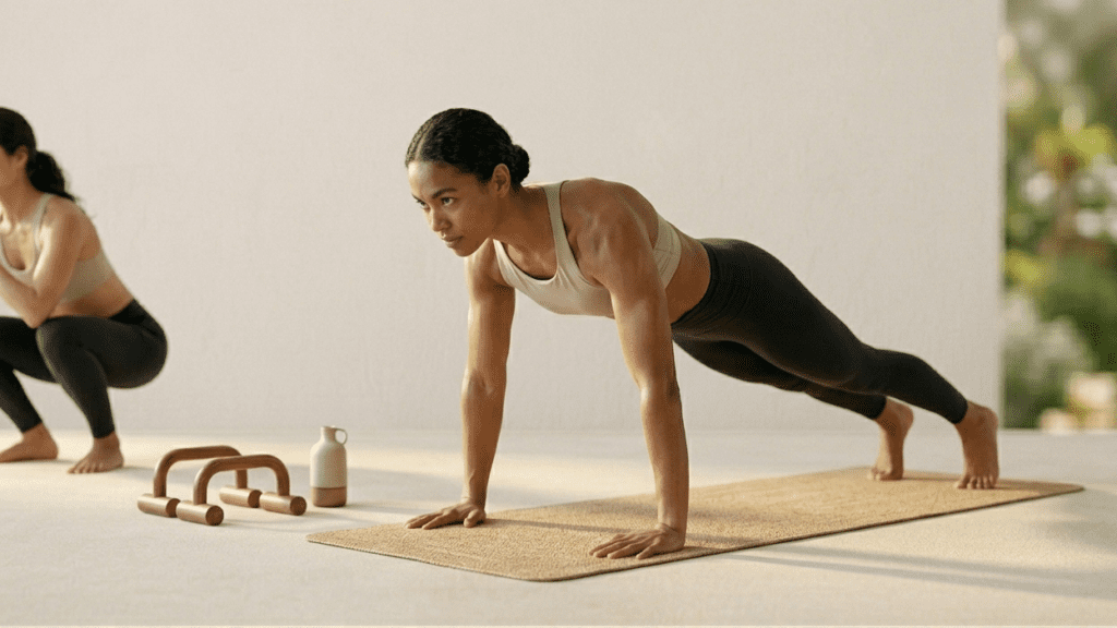 person exercising home workout for strength in living room