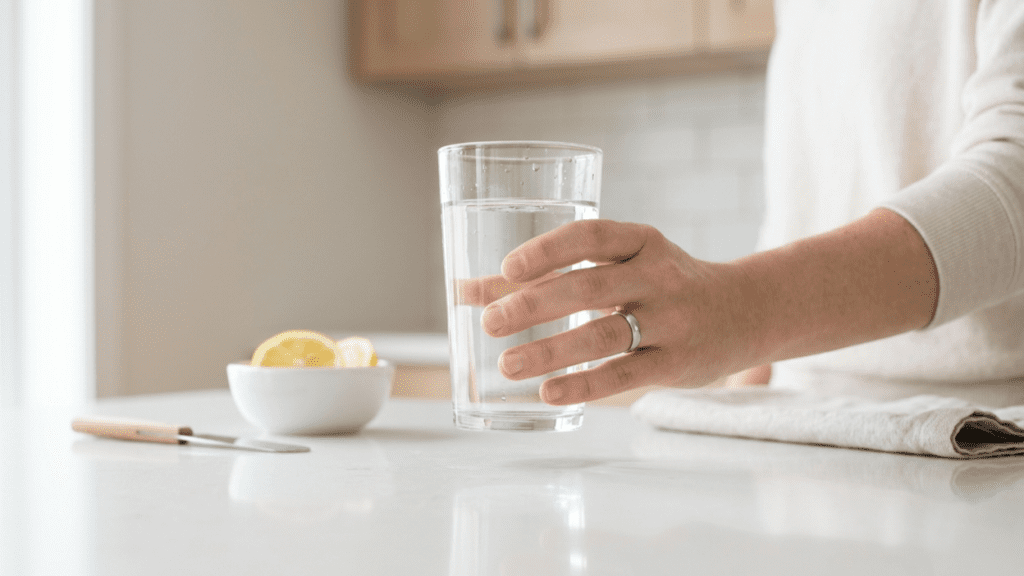 Person drinking water in the morning to support digestive health