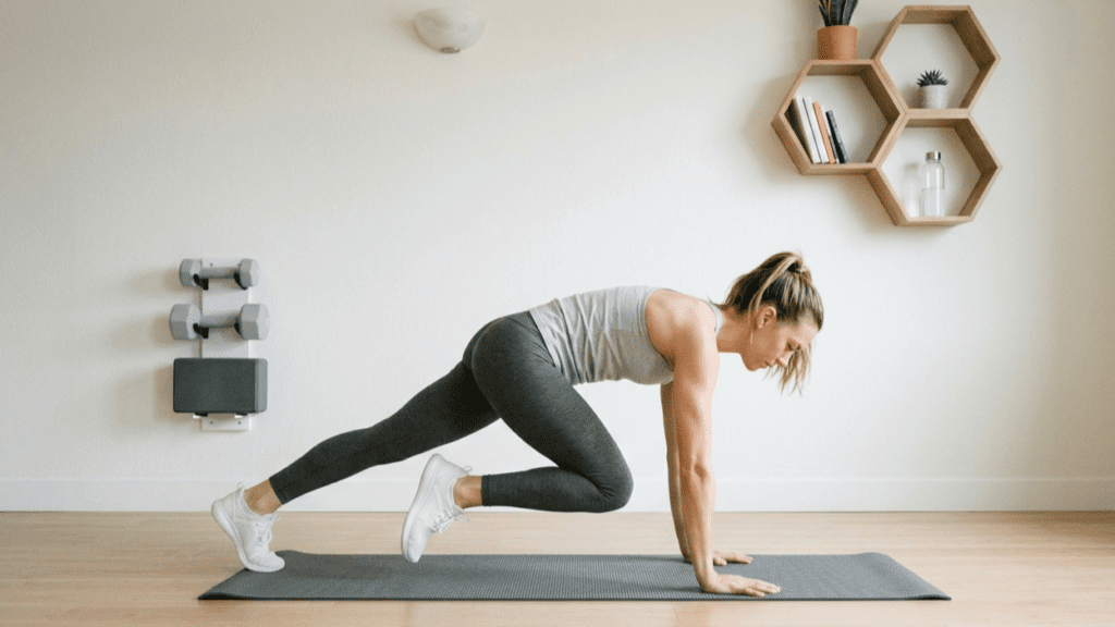 person performing mountain climbers indoors highlighting home cardio workouts