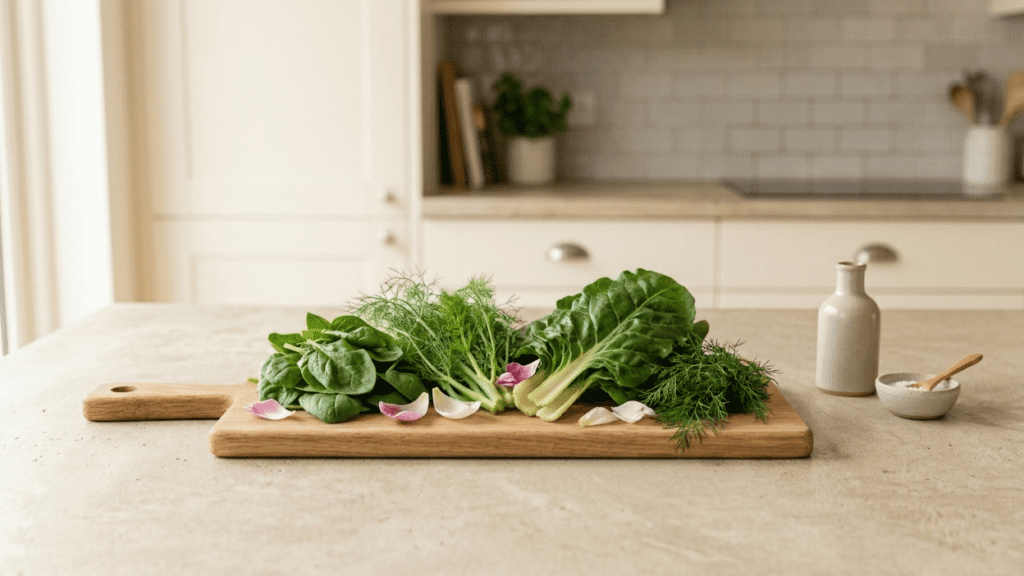 fresh spinach and greens indoors highlighting foods for healthy skin