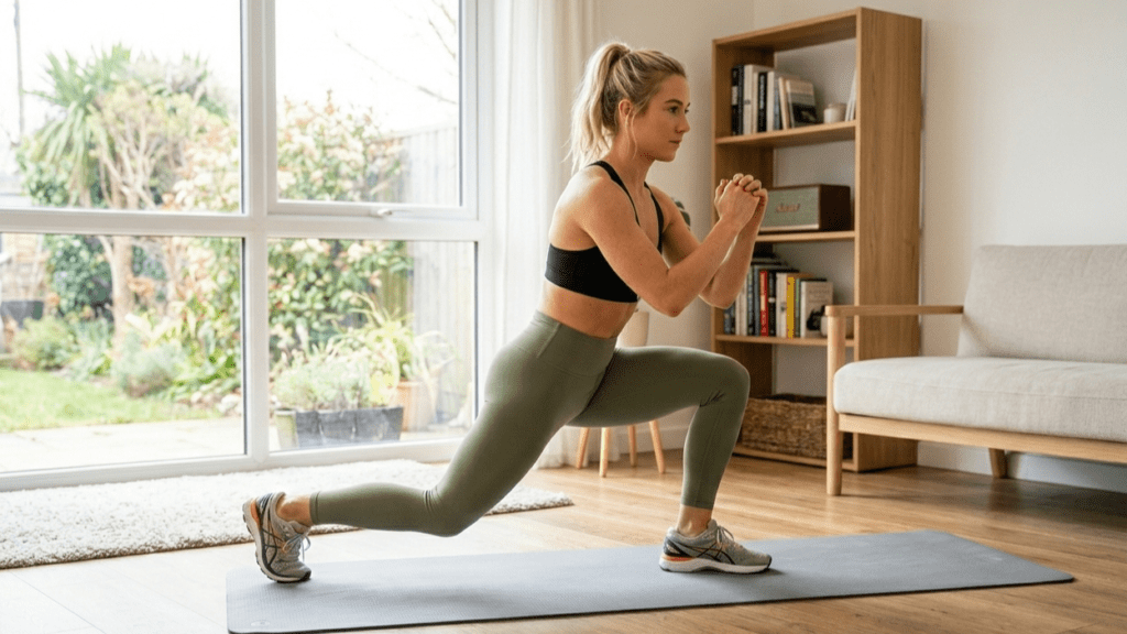 Performing lunges and squats during a full body home workout routine