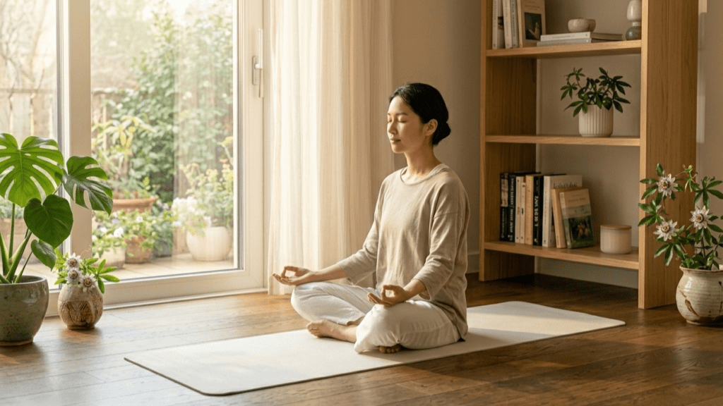 Meditation techniques for anxiety with a person practicing mindful breathing in a calm home environment