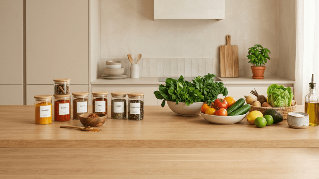  healthy foods with spices indoors representing natural ways to boost metabolism