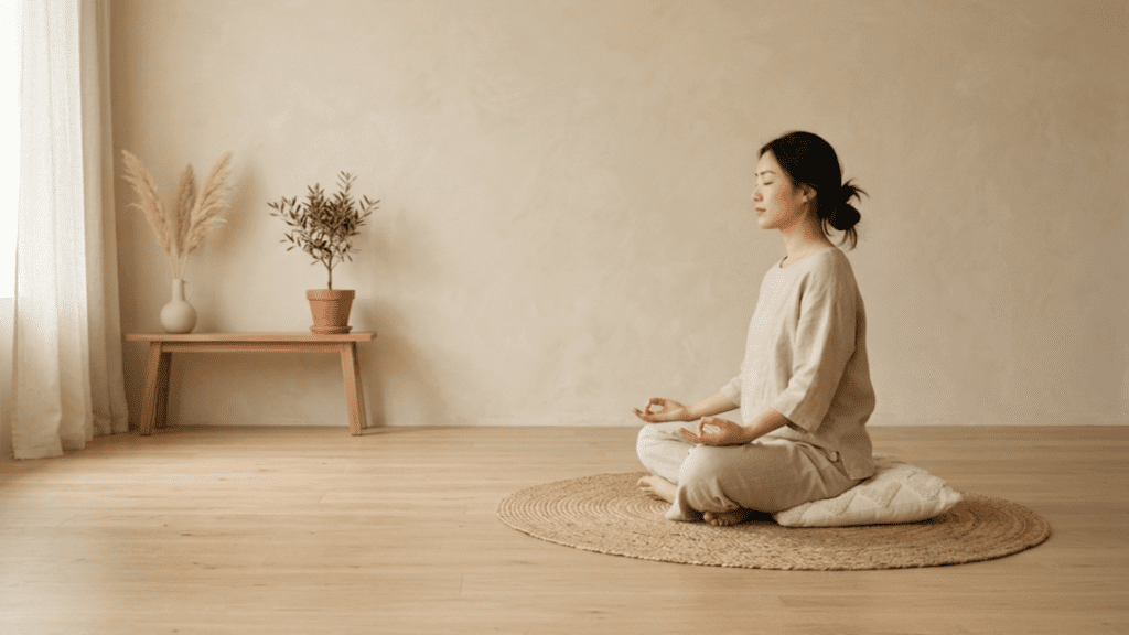 person practicing deep breathing indoors demonstrating morning mindfulness routine