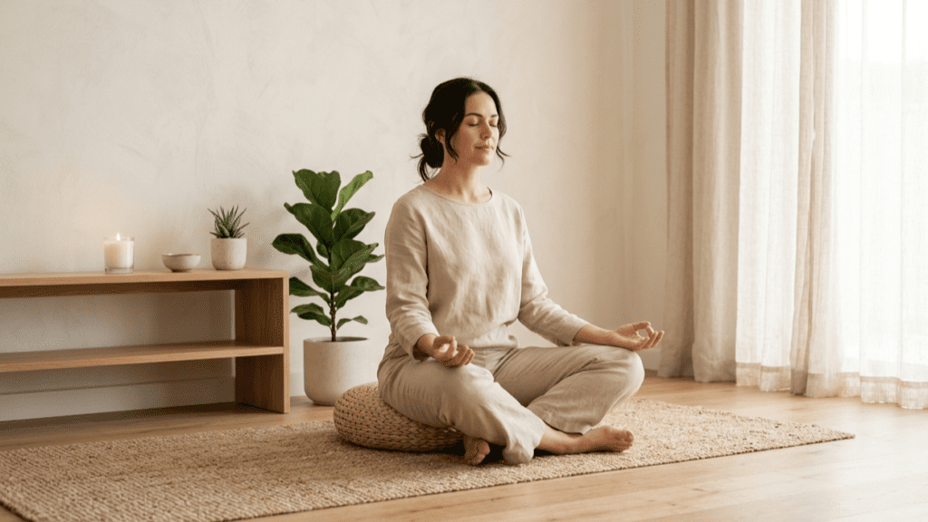 person practicing breathing indoors representing mindfulness habits for daily calm