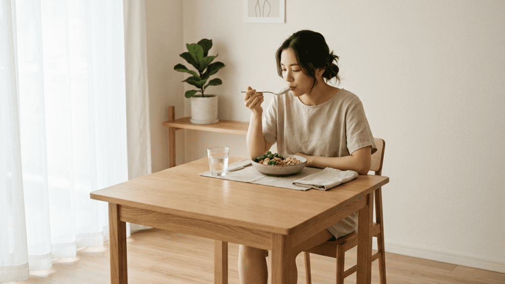 person eating calmly indoors demonstrating mindfulness habits for daily calm
