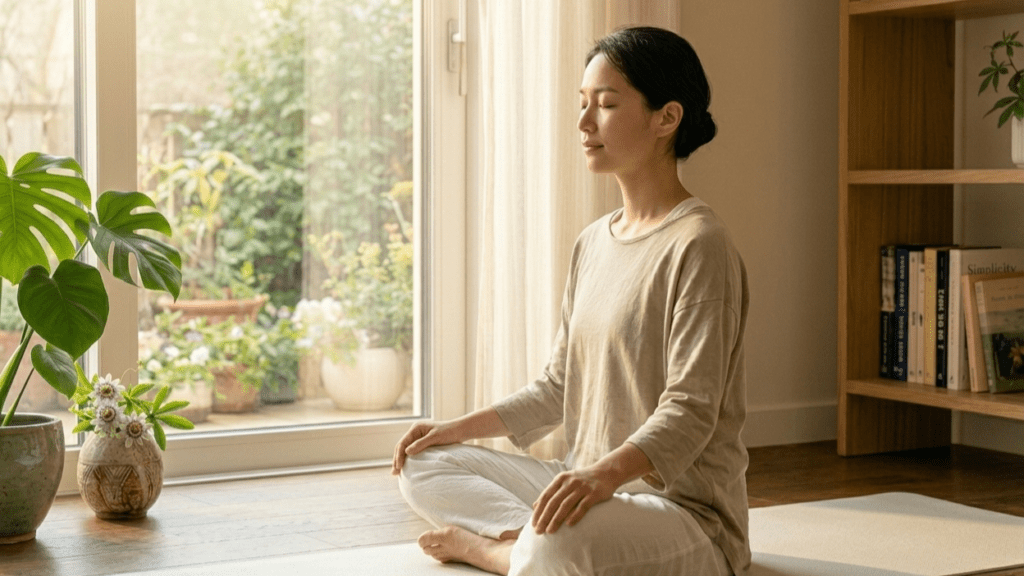 Person practicing mindfulness breathing meditation to reduce anxiety