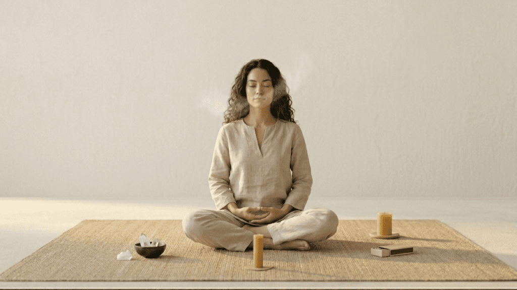 person practicing mindfulness meditation for stress relief in calm indoor setting