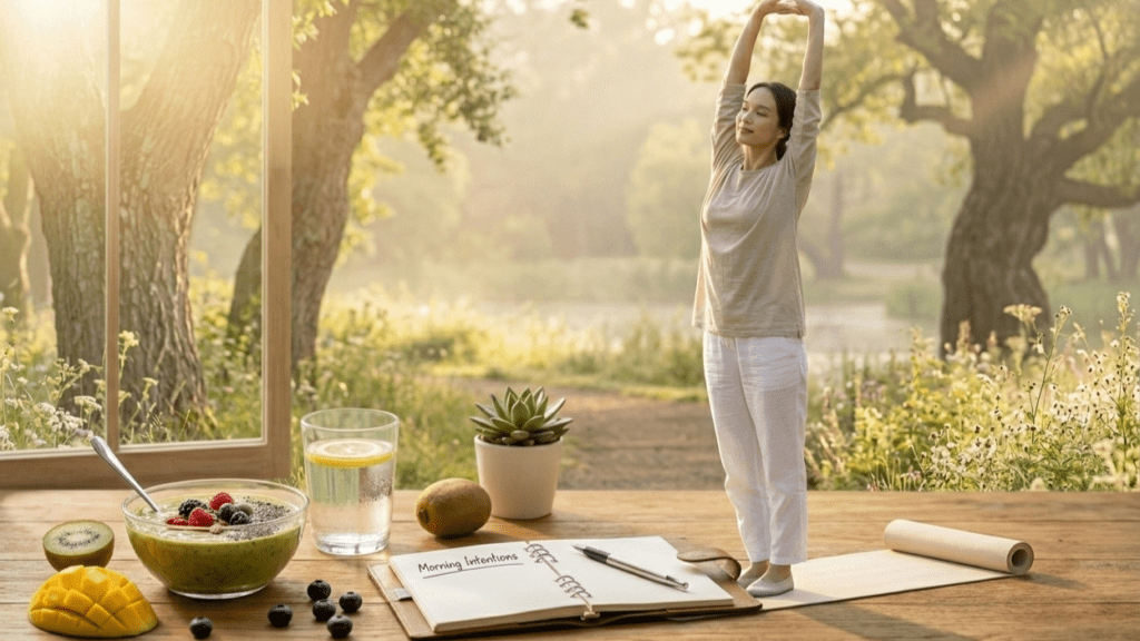 Natural energy boosters including morning sunlight, healthy smoothie, stretching, and hydration habits