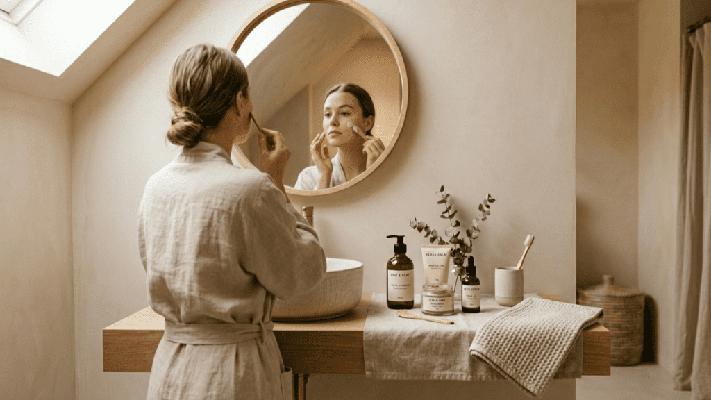 person applying moisturizer indoors highlighting natural skin care tips for hydration