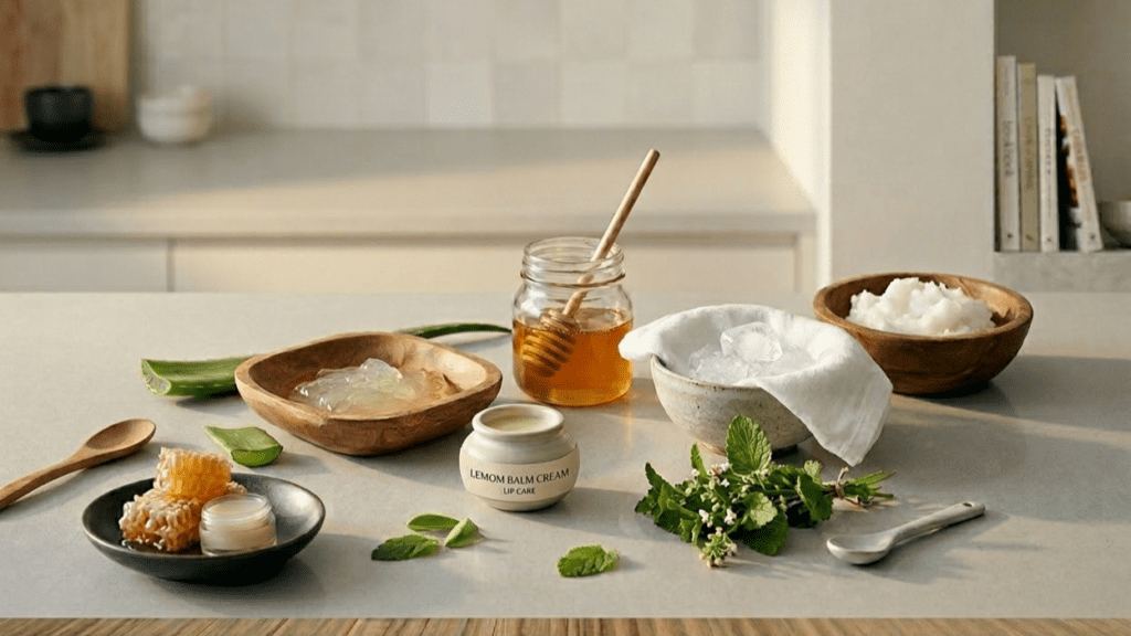 Natural remedies for cold sore treatment ingredients and soothing lip care setup