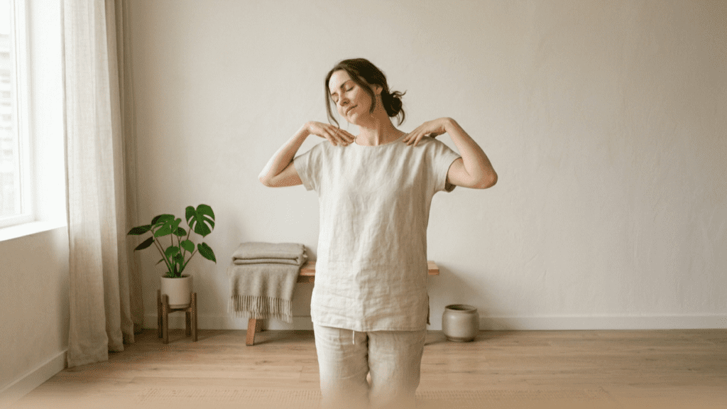 Person doing neck and shoulder rolls for stress relief