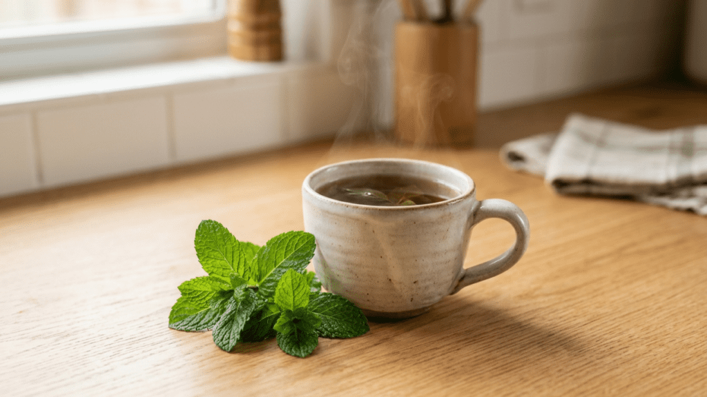 Peppermint leaves and tea used as herbal remedies for digestion and bloating