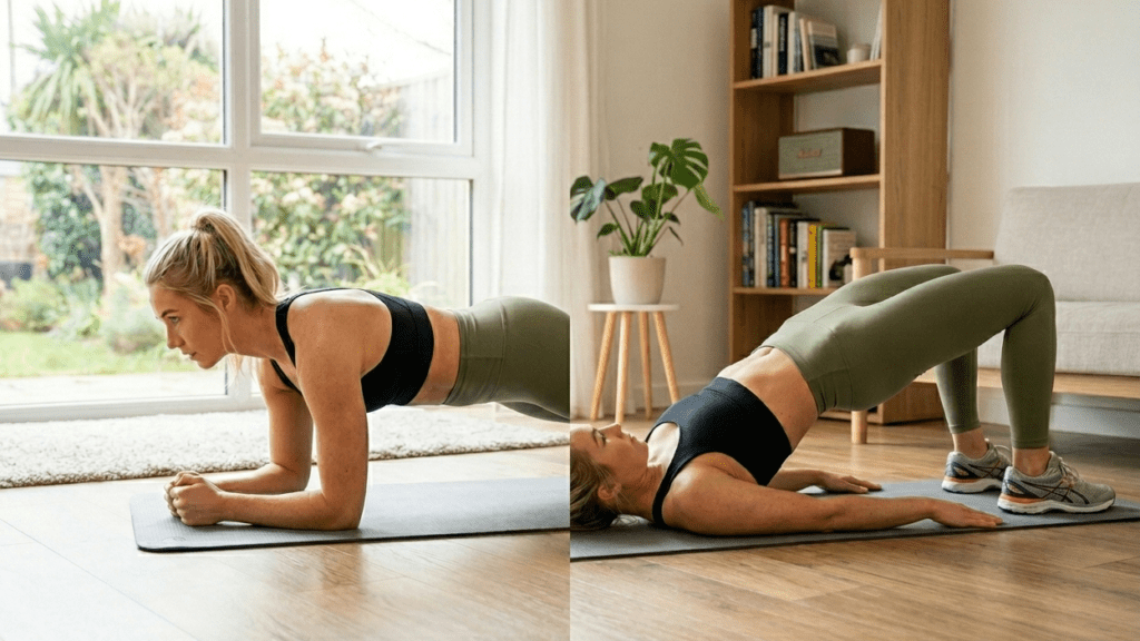 Plank and glute bridge exercises in a 12-minute full body home workout