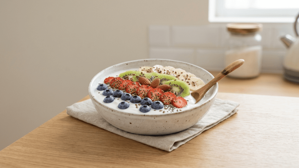 Yogurt with fruit and seeds representing probiotic foods for digestion
